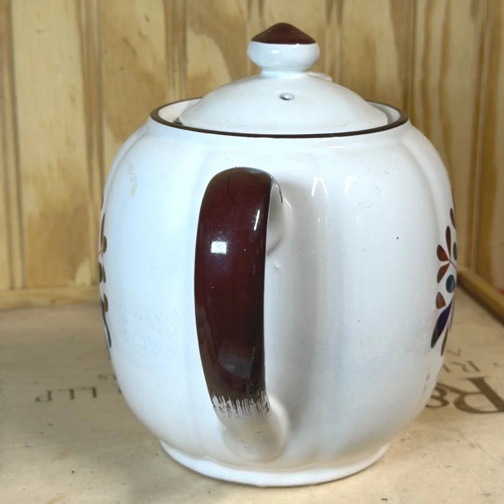 Vintage Japan Ceramic Teapot White Blue Brown Floral Mid Century Retro Tea‎ Pot